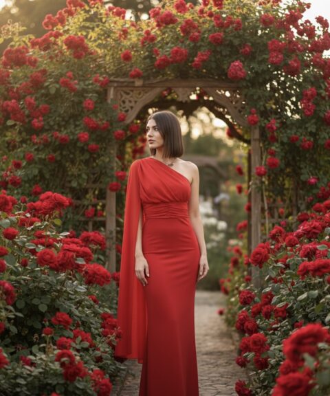 VESTIDO LARGO UNA MANGA GASA ROJO
