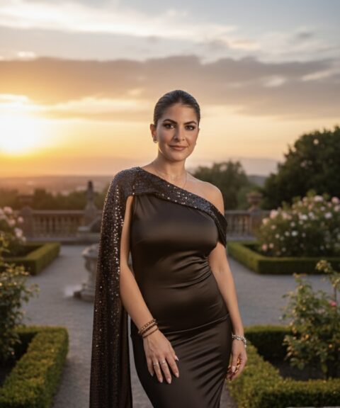 VESTIDO ASIMÉTRICO CON TIRAS LENTEJUELAS MARRON