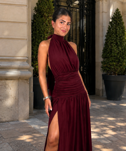 VESTIDO CUELLO HALTER BURDEOS